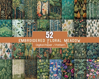 52 Embroidered Floral Meadow Seamless Patterns: 3D Digital Paper (Instant Download)
