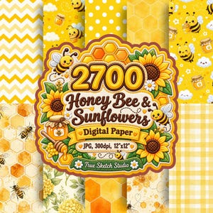 Op de afbeelding: Een digitale papiercollectie met 2700 Honey Bee & Sunflowers ontwerpen. De afbeeldingen bevatten gele zonnebloemen, honingbijen, honingraatpatronen, honingpotten en geruite achtergronden. De tekst luidt 2700 Honey Bee & Sunflowers.