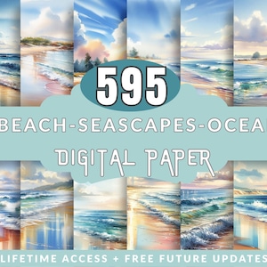 Motivi senza soluzione di continuità di spiaggia oceanica, uccelli costieri, conchiglie sabbiose, paesaggi marini acquerellati, arte nautica estiva, download digitale tropicale, mare