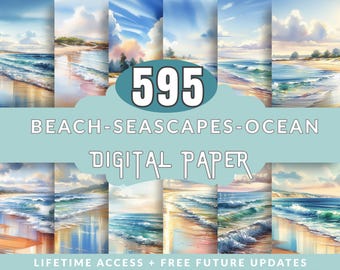 Watercolor Ocean Beach Seamless Patterns: Coastal Seascapes (Digital Download)