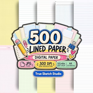 Puede incluir: Una colección digital de 500 plantillas de papel rayado con un lápiz amarillo, un clip rosa y una pinza azul. El gráfico muestra el texto 500 LINED PAPER, DIGITAL PAPER, 300 DPI, A4 21 x 29,5 cm y True Sketch Studio.