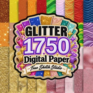 Può includere: Una collezione di carte digitali con varie texture glitterate in colori come oro, viola, rosa, blu e verde. L'emblema centrale mostra il testo GLITTER 1750 Digital Paper True Sketch Studio su uno sfondo multicolore.