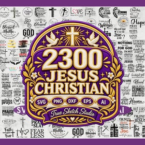 Puede incluir: Un diseño gráfico digital que presenta el texto 2300 JESUS CHRISTIAN en letras doradas en negrita con un borde morado, adornado con palomas blancas y una cruz. El emblema central está rodeado por un collage de varias citas cristianas.