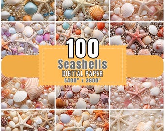 100 Seashell Digital Paper, Coastal Shells Background, Nautical Pearls Scrapbook Paper, Ocean Beach Pattern