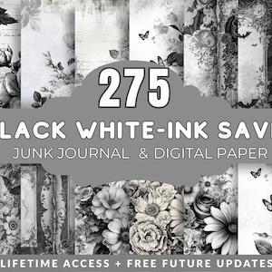 275 Black White Digital Paper Pack, Ink Saver Junk Journal Pages, Printable Stamp Backgrounds, Scrapbooking, Grunge Paper, Instant Download
