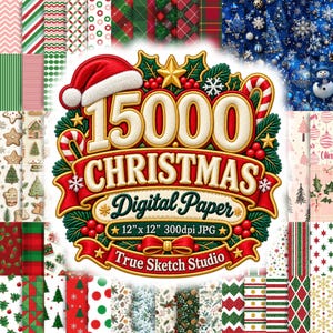 May include: A collection of 15000 Christmas digital paper files in 12 inch by 12 inch format at 300dpi. The central graphic features a Santa hat, candy canes, holly, and stars with the text 15000 CHRISTMAS Digital Paper True Sketch Studio.