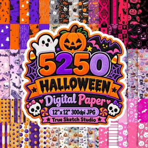 May include: A digital graphic featuring a central embroidered-style patch with the text 5250 HALLOWEEN Digital Paper 12"x12" 300dpi JPG True Sketch Studio, surrounded by a collage of various Halloween-themed patterns including pumpkins, ghosts, and skulls.