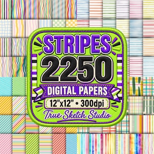 Può includere: Una collezione di carte digitali con una varietà di motivi a righe colorate. Una toppa centrale verde lime con cuciture viola mostra il testo STRIPES 2250 DIGITAL PAPERS 12"x12" 300dpi True Sketch Studio in nero e viola.