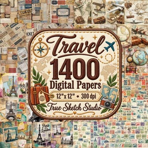 Paquete de papeles digitales de viaje, 1400 mapas vintage para scrapbooking, páginas de diario creativo de París y Londres, fondo con sello de avión antiguo