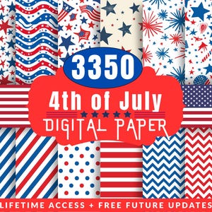 Paquete de papel digital retro sin costuras del 4 de julio con estrellas y rayas rojas, blancas y azules, patrón repetitivo imprimible para manualidades de scrapbooking y decoración de fiestas.