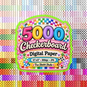 Könnte beinhalten: Eine digitale Grafik mit dem Text 5000 Checkerboard Digital Paper 12"x12" 300dpi JPG True Sketch Studio. Das Design enthält bunte, aufgeblähte, abgerundete Schriftzüge, kleine Herzsymbole und Sternakzente vor einem mehrfarbigen Rasterhintergrund.