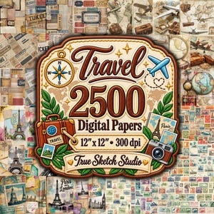 Könnte beinhalten: Eine Grafik für eine digitale Papiersammlung mit dem Text Travel 2500 Digital Papers 12"x12" 300 dpi True Sketch Studio. Das Design umfasst einen Kompass, einen braunen Koffer, ein blaues Flugzeug, eine Kamera und grüne Blätter.