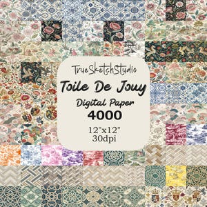 May include: A collection of digital paper designs featuring various patterns and colors. The designs include floral, scenic, and geometric motifs. The text on the image reads "True Sketch Studio Toile De Jouy Digital Paper 4000 12"x12" 30dpi."
