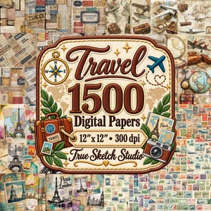 Ensemble de papiers numériques de voyage, 1500 pages de scrapbooking vintage avec cartes, Paris et Londres, fond avec timbres d'avions anciens