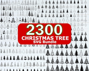 Könnte beinhalten: Eine Sammlung von 2300 SVG-Designs für Weihnachtsbäume in Schwarz und Weiß. Die Bäume variieren in ihrem Stil, von einfachen Umrissen bis hin zu detaillierten Illustrationen. Ein rotes Rechteck mit weißem Text zeigt "2300 CHRISTMAS TREE SVG BUNDLE".