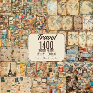 Puede incluir: Una colección de 1400 papeles digitales con motivos de viaje, incluyendo mapas mundiales antiguos, sellos, postales, pasaportes y etiquetas de equipaje. El texto dice Travel 1400 Digital Papers 30,48cm x 30,48cm - 300dpi True Sketch Studio.