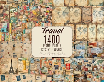 Travel Digital Paper Bundle, 1400 Vintage Map Scrapbooking, Paris London Junk Journal Pages, Antique Airplane Stamp Background