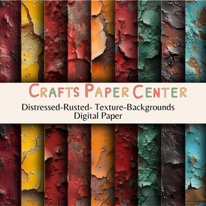Pode incluir: Um conjunto de papéis digitais com texturas desgastadas e enferrujadas em várias cores. A imagem mostra faixas verticais de amarelo, vermelho, laranja, verde, castanho e azul, com efeitos de tinta descascada. O texto no topo diz "Crafts Paper Center" e "Distressed-Rusted- Texture-Backgrounds Digital Paper."