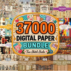 May include: A digital paper bundle advertisement featuring a large central emblem with the text 37000 DIGITAL PAPER BUNDLE and True Sketch Studio. The background displays a collage of various digital paper patterns including travel, floral, and vintage themes.