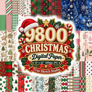 May include: A digital collection of 9800 Christmas digital paper designs featuring a central emblem with a Santa hat, holly, and ribbons. The text reads 9800 CHRISTMAS Digital Paper 12" x 12" 300dpi JPG True Sketch Studio.