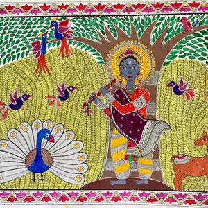 Krishna Raas Madhubani Painting | Indian Folk Art | Dance of Cosmos | Handmade | Wall Art | Spirutual Art | A3 Size