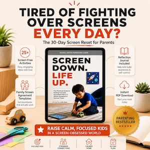 Op de afbeelding: Een ouderschapsgids getiteld "Screen Down. Life Up." met een kind dat met speelgoedauto's speelt. De gids belooft te helpen rustige, gefocuste kinderen op te voeden in een schermverslaafde wereld. Inclusief schermvrije activiteiten en een reflectiedagboek.