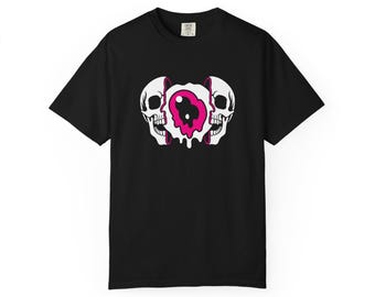 Skull Melting Eye Graphic T-shirt | Dual Skulls with Melting Eyeball