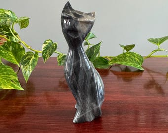 Vintage Marble Cat Figurine - Grey with White Veining