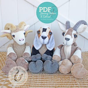 May include: Three plush toy animal sewing patterns: a ram, a basset hound, and a goat. The patterns are available as a PDF download and include a tutorial. The Rustic Horseshoe Push Toy Sewing Patterns.