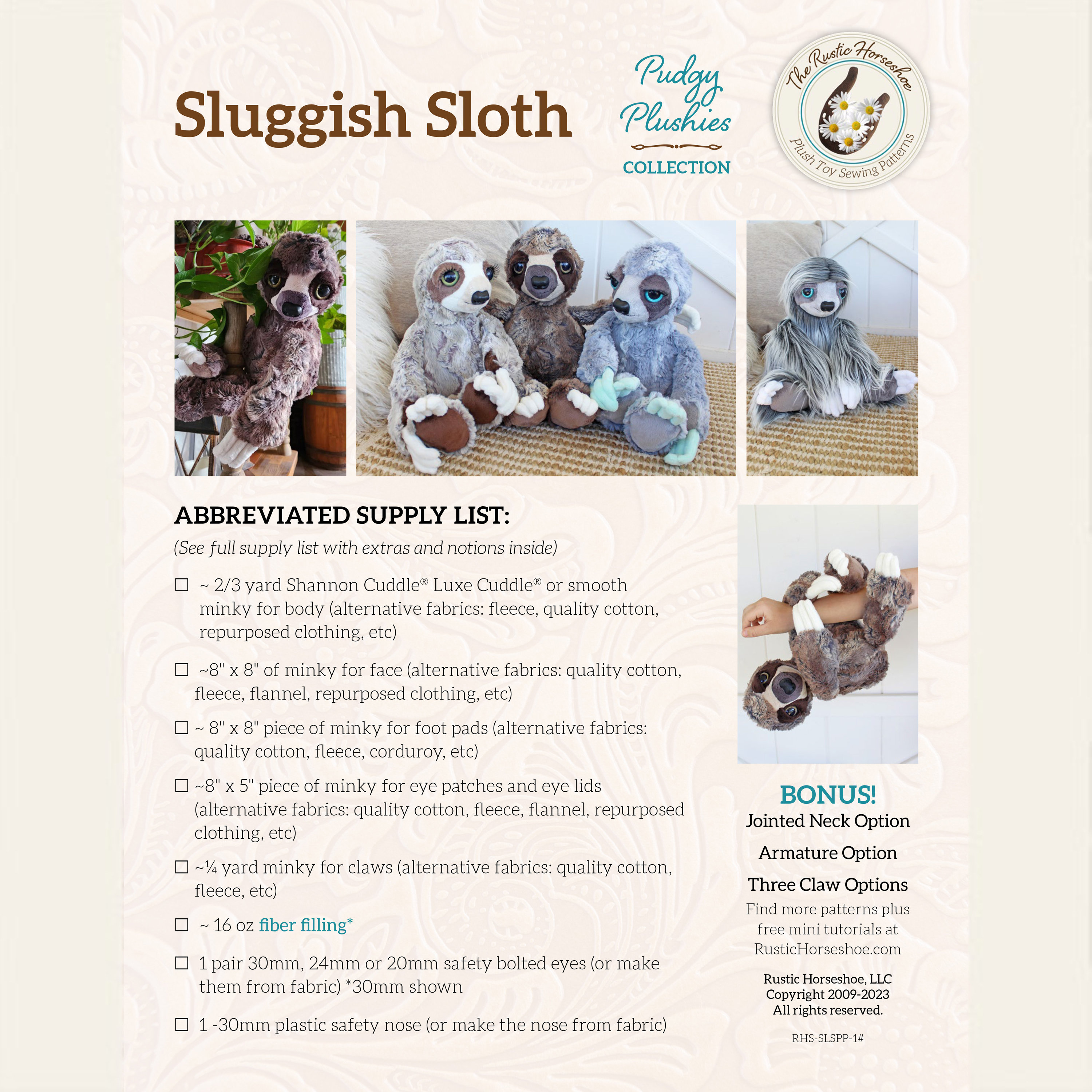 Sluggish Sloth Pudgy Plushie Sewing Pattern and Tutorial Stuffed Animal ...