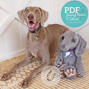 May include: A PDF sewing pattern and tutorial for a plush Weimaraner dog toy. The pattern includes instructions for making a realistic-looking dog with brown fur, floppy ears, and a cute expression. The pattern is available for download from The Rustic Horseshoe Plush Toy Sewing Patterns.