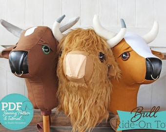 Rodeo Bull Ride-on Toy Stick Horse Sewing Pattern and Tutorial Includes Two Sizes - DIGITAL PDF