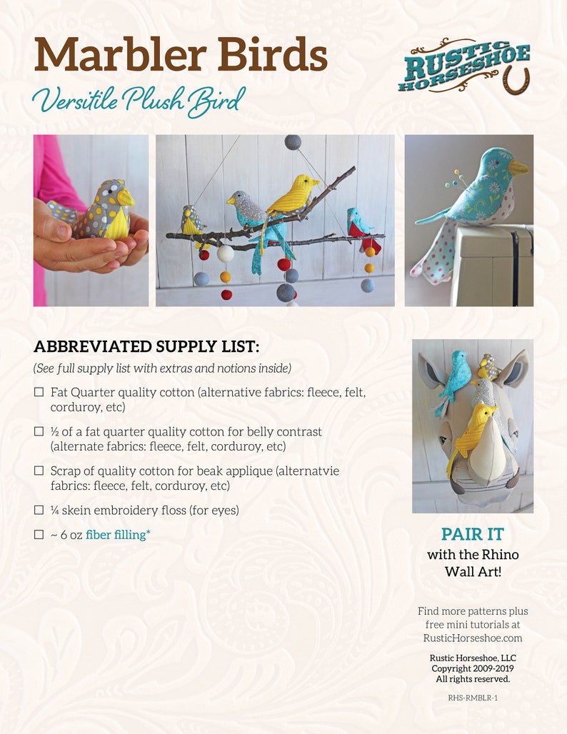 Marbler Bird Soft Toy and Decor Sewing Pattern and Tutorial DIGITAL PDF image 6