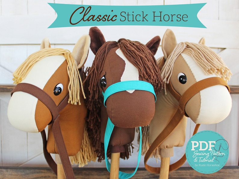 Classic Stick Horse Sewing Pattern and Tutorial Beginner Pattern Easy Includes Donkey and Unicorn DIGITAL PDF image 1