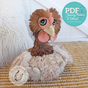May include: A plush chicken toy with brown faux fur on the head and neck, and white and brown speckled faux fur on the body. It features large green eyes, a peach-coloured comb and wattles, and a beige beak. Text reads PDF Sewing Pattern & Tutorial.