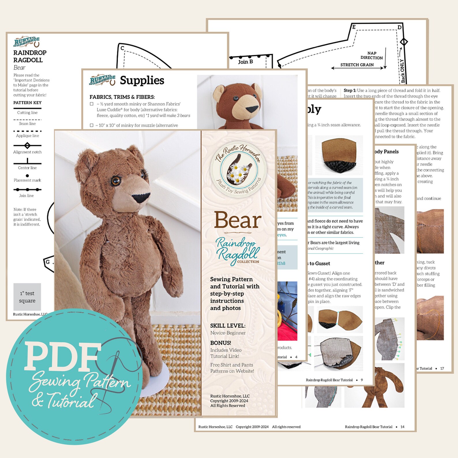 Raindrop Ragdoll Bear Plushie Sewing Pattern and Tutorial Stuffed ...