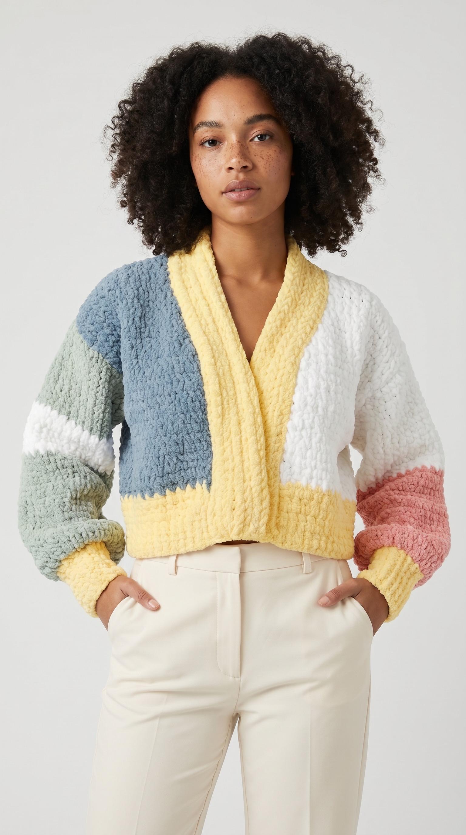 Color-Blocked Chunky Cardigan Sweater Jacket Pattern