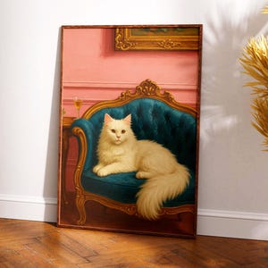 Elegant White Cat Art Print | Vintage Royal Pet Portrait | Baroque Animal Wall Decor | Funny Classy Cat Poster Gift for Cat Lovers