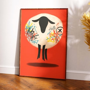 Impresión artística de oveja grafiti / Decoración de pared minimalista y caprichosa / Póster de animal moderno y divertido / Regalo rojo llamativo para guardería o sala de juegos