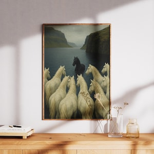 Black Horse Among White Horses Art Print | Surreal Moody Wall Art | Unique Horse Decor | Dark Fantasy Fine Art Print | Gift for Horse Lovers