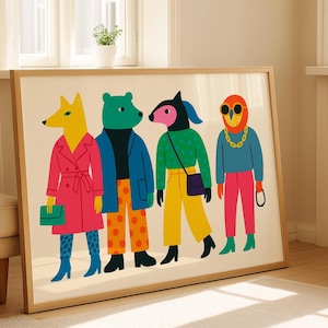 Mode dierenparade kunstafdruk | Kleurrijk grillig muurdecor | Trendy dierenillustratie | Leuk cadeau voor mode- en kunstliefhebbers
