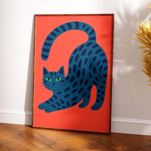 Stampa artistica di un gatto blu audace / Poster moderno e stravagante con animali / Decorazione da parete con gatto pop grafico / Regalo colorato e giocoso per gli amanti dei gatti