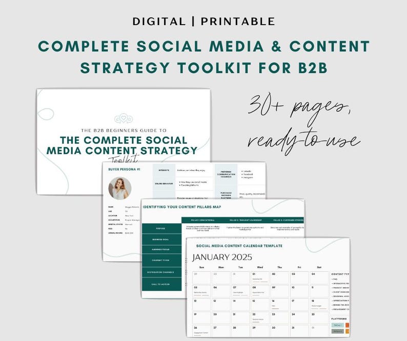 Puede incluir: Un kit de herramientas digital imprimible para la estrategia de contenido y redes sociales B2B. El kit de herramientas incluye una plantilla de persona de comprador, un mapa de pilares de contenido y una plantilla de calendario de contenido de redes sociales para enero de 2025. El kit de herramientas se describe como "La gu&iacute;a para principiantes de B2B para la estrategia de contenido de redes sociales completa Toolkit".