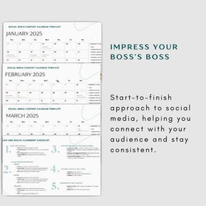 Puede incluir: Un gr&aacute;fico verde y blanco con el texto "Impress Your Boss's Boss" y "Start-to-finish approach to social media, helping you connect with your audience and stay consistent."