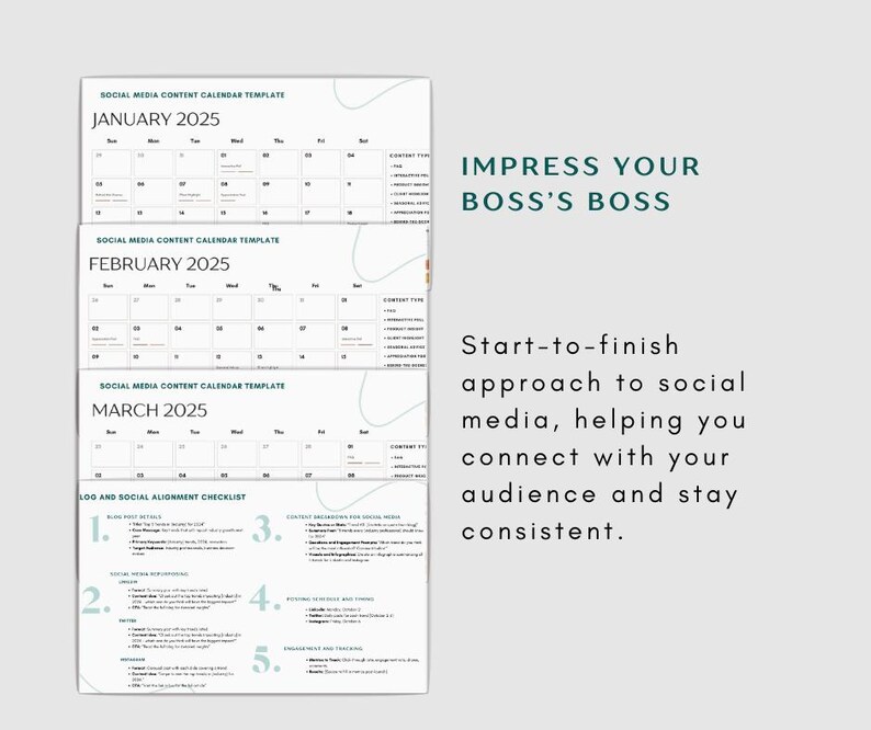 Puede incluir: Un gr&aacute;fico verde y blanco con el texto "Impress Your Boss's Boss" y "Start-to-finish approach to social media, helping you connect with your audience and stay consistent."