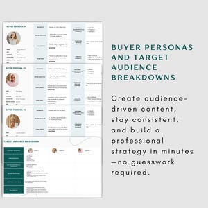 Puede incluir: Una hoja de trabajo con un esquema de color verde y blanco, titulada "Buyer Personas and Target Audience Breakdowns". La hoja de trabajo incluye una secci&oacute;n para crear personajes de compradores y una secci&oacute;n para crear un desglose del p&uacute;blico objetivo. El texto "Create audience-driven content, stay consistent, and build a professional strategy in minutes - no guesswork required." est&aacute; incluido en la hoja de trabajo.