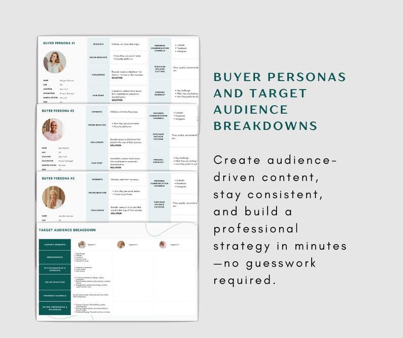 Puede incluir: Una hoja de trabajo con un esquema de color verde y blanco, titulada "Buyer Personas and Target Audience Breakdowns". La hoja de trabajo incluye una secci&oacute;n para crear personajes de compradores y una secci&oacute;n para crear un desglose del p&uacute;blico objetivo. El texto "Create audience-driven content, stay consistent, and build a professional strategy in minutes - no guesswork required." est&aacute; incluido en la hoja de trabajo.
