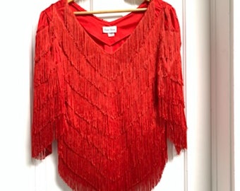 Vintage 60's Tomato Red Fringe Blouse - NEIMAN MARCUS - Made In The USA M 10