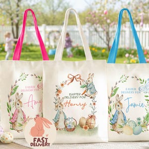 Personalized Easter Tote Bag for Kids, Custom Easter Bunny Tote, Easter Egg Hunt Bag, Easter Basket Alternative, Easter Gift