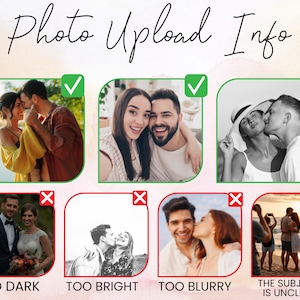 Puede incluir: Una imagen con el texto "Photo Upload Info" en fuente cursiva. El gr&aacute;fico muestra ejemplos de fotos aceptables e inaceptables, indicados con marcas de verificaci&oacute;n verdes y cruces rojas. Las fotos rechazadas est&aacute;n etiquetadas como "TOO DARK", "TOO BRIGHT", "TOO BLURRY" y "THE SUBJECT IS UNCLEAR".